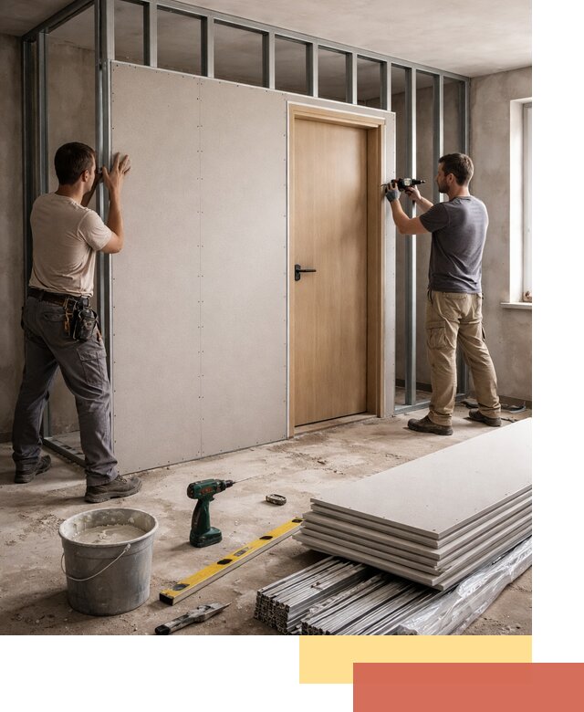 Перегородка из гипсокартона с дверью под ключ в Сыктывкаре