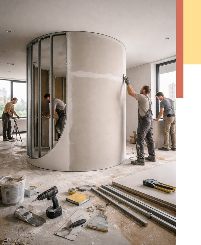 Радиусная перегородка из гипсокартона в Сыктывкаре от 2990 руб. под ключ | ОТДЕЛОЧНИК-Скт