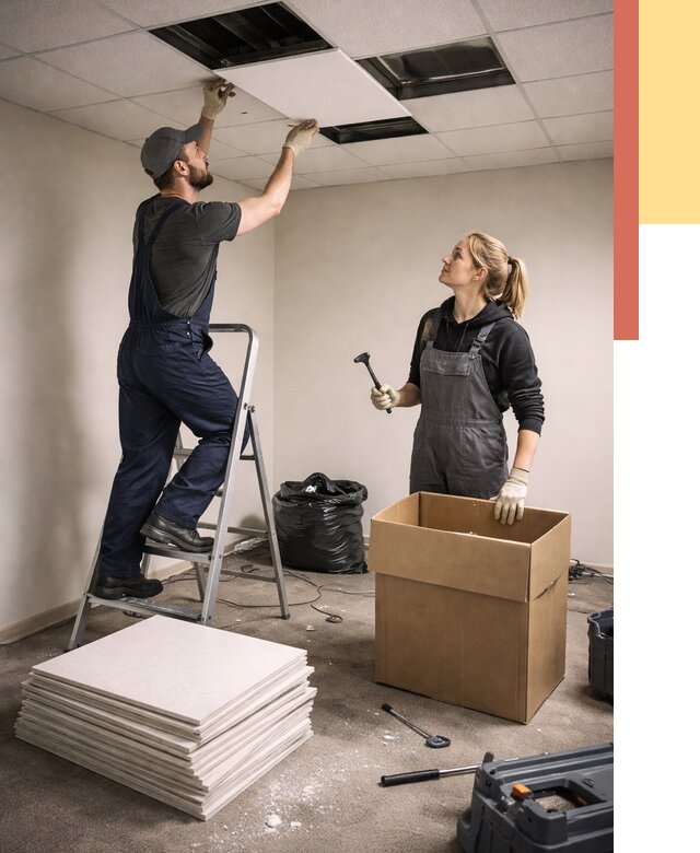 Демонтаж потолочной плитки в Сыктывкаре от 4640 руб. быстро и недорого | ОТДЕЛОЧНИК-Скт